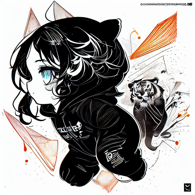 black and white, A chibi girl wearing a onesie, with a tiger hoodie, with long hair, full body, profile, full body, profile, white background, in the style of Charlie Bowater, digital illustration, with beautiful eyes and full black curly hair, flawless line art, in Carne Griffiths art style, illustration, ink illustration, white background, Make a logo, on triangle shape, minimal structure, ((white background)), Ultra detailed, look at the camera, in Carne Griffiths art style, illustration, ink illustration, white background, Make a logo, on triangle shape, minimal structure, ((white background)), Ultra detailed, look at the camera, in Carne Griffiths art style, illustration, ink illustration, white background, Make a logo, on triangle shape, minimal structure, ((white background)), Ultra detailed, look at the camera