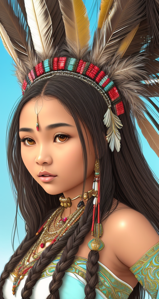 A beautiful indigenous girl exudes grace and strength, embodying the vibrant diversity of her culture. She may have expressive eyes that reflect wisdom and resilience, framed by long, dark lashes. Her features may include high cheekbones and a prominent nose, celebrating the unique characteristics of her heritage. Her rich, lustrous hair, sometimes adorned with traditional ornaments or braids, cascades with the wisdom of generations past. Graceful in her movements, she carries herself with a quiet confidence that embraces her ancestral roots and the natural world around her. Her beauty lies not only in her physical appearance but also in the depth of her cultural connection and the stories that her presence inspires.                                                                                                              Northwest indigenous patterns are also patterns that incorporate black and red colors, embroidered with mother-of-pearl buttons.                                                                                                                                            These patterns can be found in various forms of art and design, reflecting the culture and aesthetics of different indigenous communities. The clothes colors are white and yellow. Jewelry is turquoise, and copper jewelry holds specific meanings in these contexts. These patterns and colors contribute to indigenous cultures and can be appreciated for their beauty and cultural significance.  The character in the photo is a serene and lovely indigenous girl. She has captivating crystal-dark brown eyes, perfect tan-brown skin, and long, thick, straight black hair. Her appearance captivates the viewer as she is bathed in radiant light. She wears a remarkable and fancy leather dress adorned with shiny beads, intricate beadwork, and fluffy black fur accents. Her hair is adorned with ornaments that add to her charm. Through her appearance and demeanor, this character embodies beauty and cultural richness.  The artwork by Carne Griffiths follows a unique style of illustration and ink drawing with a white background. It features a logo on a triangle shape with a minimal structure and a white background. The artwork is ultra-detailed and designed to look like a camera wild behaving shyly in low light. It includes elements such as breasts, jewelry, large breasts, lips, long sleeves, and the character looking at the viewer. The artwork aims to be realistic and created as a solo piece. It is a masterpiece of the best quality with an 8k resolution and detailed textures of skin and cloth. The face is beautifully detailed with intricate features, and the artwork is enhanced with rim lighting and side lighting, creating a cinematic effect. The artwork is in ultra-high resolution, 8k UHD, and includes film grain for added texture and the best shadow rendering. The overall design is delicate, and the artwork is in RAW format., low light, breasts, Jewelry, large_breasts, lips, long_sleeves, looking_at_viewer, realistic, Solo, (realistic:1.8), Masterpiece, Best quality, 8k, detailed skin texture, detailed cloth texture, Beautiful detailed face, intricate details, ultra detailed, Rim lighting, side lighting, Cinematic lighting, cinematic light, Ultra high res, 8k uhd, Film grain, best shadow, Delicate, RAW