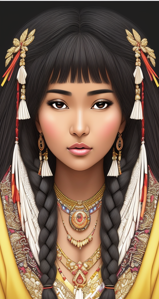 A beautiful indigenous her presence exudes grace and strength, embodying the vibrant of her culture. She may have expressive eyes that reflect wisdom and resilience, framed by long, dark lashes. Her features may include high cheekbones and a prominent nose, celebrating the unique characteristics of her heritage. Her rich, lustrous hair, sometimes adorned with traditional ornaments or braids, cascades with the wisdom of generations past. Graceful in her movements, she carries herself with a quiet confidence that embraces her ancestral roots and the natural world around her. Her beauty lies not only in her physical appearance but also in the depth of her cultural connection and the stories that her presence inspires.                                                                                                              Northwest indigenous patterns are also patterns that incorporate black and red colors, embroidered with mother-of-pearl buttons.                                                                                                                                            These patterns can be found in various forms of art and design, reflecting the culture and aesthetics of different indigenous communities. The clothes colors are white and yellow. Jewelry is turquoise, and copper jewelry holds specific meanings in these contexts. These patterns and colors contribute to indigenous cultures and can be appreciated for their beauty and cultural significance.  The character in the photo is a serene and lovely indigenous girl. She has captivating crystal-dark brown eyes, perfect tan-brown skin, and long, thick, straight black hair. Her appearance captivates the viewer as she is bathed in radiant light. She wears a remarkable and fancy leather dress adorned with shiny beads, intricate beadwork, and fluffy black fur accents. Her hair is adorned with ornaments that add to her charm. Through her appearance and demeanor, this character embodies beauty and cultural richness.  The artwork by Carne Griffiths follows a unique style of illustration and ink drawing with a white background. It features a logo on a triangle shape with a minimal structure and a white background. The artwork is ultra-detailed and designed to look like a camera wild behaving shyly in low light. It includes elements such as breasts, jewelry, large breasts, lips, long sleeves, and the character looking at the viewer. The artwork aims to be realistic and created as a solo piece. It is a masterpiece of the best quality with an 8k resolution and detailed textures of skin and cloth. The face is beautifully detailed with intricate features, and the artwork is enhanced with rim lighting and side lighting, creating a cinematic effect. The artwork is in ultra-high resolution, 8k UHD, and includes film grain for added texture and the best shadow rendering. The overall design is delicate, and the artwork is in RAW format., low light, breasts, Jewelry, large_breasts, lips, long_sleeves, looking_at_viewer, realistic, Solo, (realistic:1.8), Masterpiece, Best quality, 8k, detailed skin texture, detailed cloth texture, Beautiful detailed face, intricate details, ultra detailed, Rim lighting, side lighting, Cinematic lighting, cinematic light, Ultra high res, 8k uhd, Film grain, best shadow, Delicate, RAW