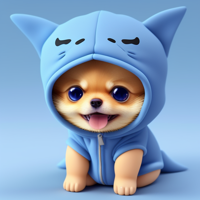 Tiny, Clay style, 3D, tiny, cute, stay center, Ultra detailed, Pomeranian chibi kawaii wearing blue onesie with a shark hood, expressing beg, adorable, Floating, High quality, 3d render, Emoji