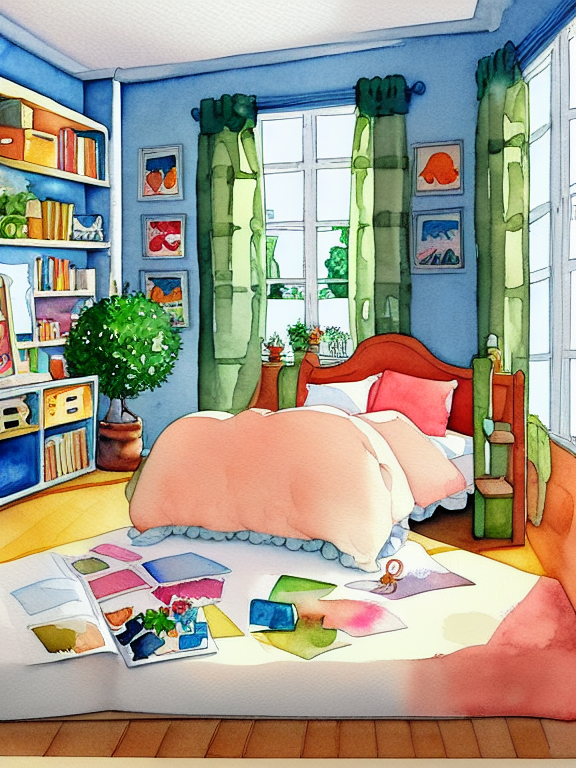 Children's book, ART detailed cartoon clip art watercolor illustration Cartoon, aesthetic cute anime room decor with luxurious toys, happy, watercolor and ink illustration in the style of Studio Ghibli Beige, bedding colors cute, Abstract --v 4, cartoon style,  with the cute garden in the back clipart, isolated on white background, hd