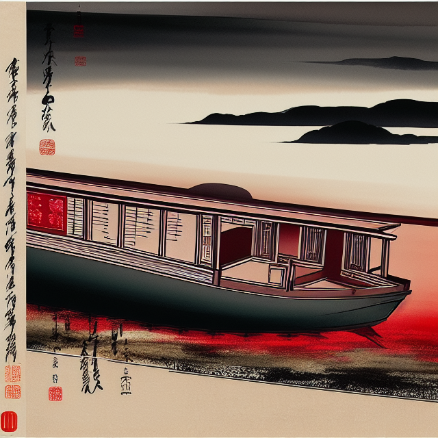 muted chinese ink painting scroll, muted colors, rice paper texture, splash paint, Voltage Mirage. Print a ink painting of a wondering mirage, boat, small red sun, Lakeside, Morning light, Clouds wet to wet techniques, perfect balance composition, highly detailed, ((highest quality)),  ink painting style, old chinese art style