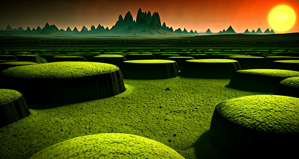 Create an image of an alien planet completely devoid of vegetation, with no green hues. The air is filled with acidic particles that corrode organic matter. This planet features deep crevasses and mountains carved like stone quarries. Within these depths, thousands of damned souls wander aimlessly, condemned to suffer for eternity as the acid devours their skin. The primary colors should be sandy tones and shades of green. The environment is hostile and eerie, with an atmosphere thick and toxic, showcasing a desolate and dangerous world