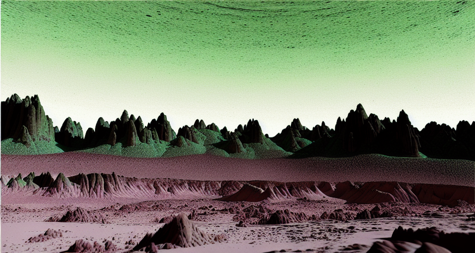 Generate an image of an alien planet entirely devoid of vegetation, with no green coloration. The atmosphere is filled with acidic particles that corrode organic matter. The landscape is dominated by sandy and greenish hues, featuring deep crevices and mountains carved like stone quarries. In the depths of these caverns wander thousands of damned souls, aimlessly drifting and suffering for eternity as the acid eats away at their flesh. The image should prominently feature the entrance of a cave on the mountainside. The overall scene should evoke a sense of desolation, despair, and danger., Minimalistic, Vector landscape, Natural color scheme, digital art, Flat, Opaque colors, Octane render, Volumetric lighting, Clean linework, A muted color palette ((such as pastels or faded tones)), Muted color palette, A muted color palette ((such as pastels or faded tones)), Hard shadows, Kilian Eng