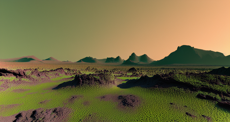 Using the 'Chroma Landscape' template, generate an image depicting the surface of a desolate planet completely devoid of nature. The rocky and sandy terrain should have a greenish hue. The landscape is filled with numerous mountains and crevices, creating an endless series of peaks and ravines. At the bottom of these chasms, slow-moving and bubbling rivers of liquid acid flow. Along the narrow and steep paths that traverse these landscapes, herds of damned souls wander aimlessly, tormented by hallucinations and mortal pain, mental torture, and despair, Minimalistic, Vector landscape, Natural color scheme, digital art, Flat, Opaque colors, Octane render, Volumetric lighting, Clean linework, A muted color palette ((such as pastels or faded tones)), Muted color palette, A muted color palette ((such as pastels or faded tones)), Hard shadows, Kilian Eng