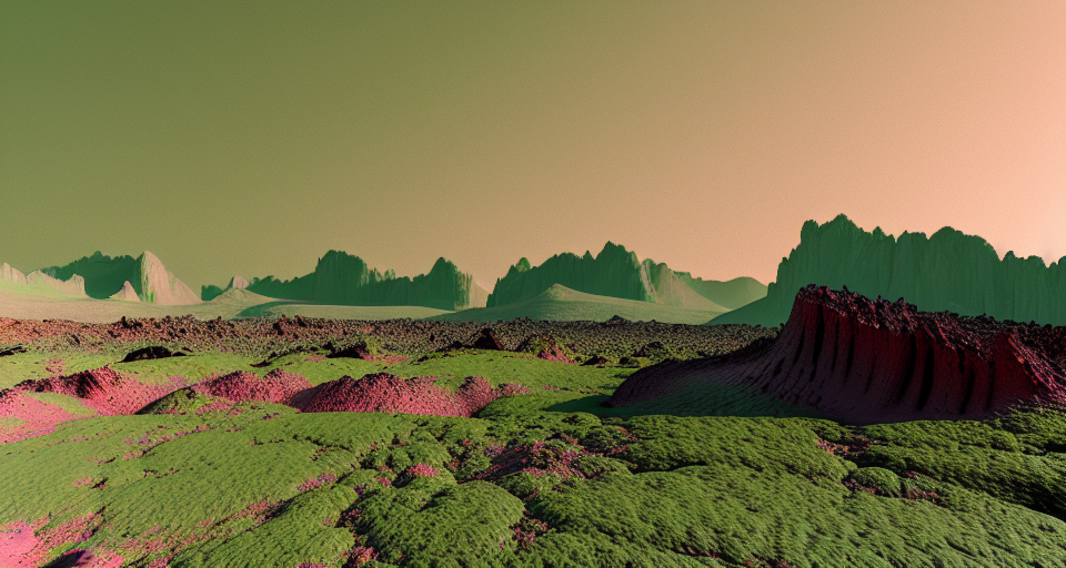 Using the 'Chroma Landscape' template, generate an image depicting the surface of a desolate planet completely devoid of nature. The rocky and sandy terrain should have a greenish hue. The landscape is filled with numerous mountains and crevices, creating an endless series of peaks and ravines. At the bottom of these chasms, slow-moving and bubbling rivers of liquid acid flow. Along the narrow and steep paths that traverse these landscapes, herds of damned souls wander aimlessly, tormented by hallucinations and mortal pain, mental torture, and despair, Minimalistic, Vector landscape, Natural color scheme, digital art, Flat, Opaque colors, Octane render, Volumetric lighting, Clean linework, A muted color palette ((such as pastels or faded tones)), Muted color palette, A muted color palette ((such as pastels or faded tones)), Hard shadows, Kilian Eng