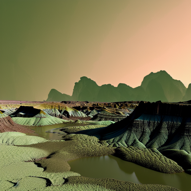 Using the 'Chroma Landscape' template, create an image depicting the surface of a desolate, natureless planet. The rocky and sandy terrain has a greenish tint. The landscape is scattered with various mountains and crevices, creating an endless sequence of peaks and ravines, resembling a vast canyon of badlands. At the bottom of these ravines, slow-moving, bubbling rivers of liquid acid flow instead of magma. Narrow and steep paths wind through these landscapes, where herds of damned souls wander aimlessly, suffering from hallucinations, excruciating pain, mental torture, and despair. The overall scene should convey a sense of desolation, hopelessness, and torment., Minimalistic, Vector landscape, Natural color scheme, digital art, Flat, Opaque colors, Octane render, Volumetric lighting, Clean linework, A muted color palette ((such as pastels or faded tones)), Muted color palette, A muted color palette ((such as pastels or faded tones)), Hard shadows, Kilian Eng