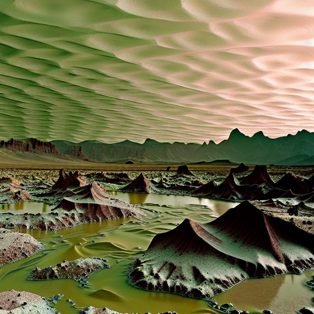 Using the 'Chroma Landscape' template, create an image depicting the surface of a desolate, natureless planet. The rocky and sandy terrain has a greenish tint. The landscape is scattered with various mountains and crevices, creating an endless sequence of peaks and ravines, resembling a vast canyon of badlands. At the bottom of these ravines, slow-moving, bubbling rivers of liquid acid flow instead of magma. Narrow and steep paths wind through these landscapes, where herds of damned souls wander aimlessly, suffering from hallucinations, excruciating pain, mental torture, and despair. The overall scene should convey a sense of desolation, hopelessness, and torment.
