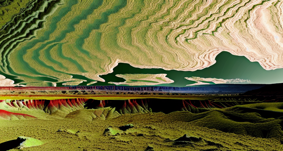 create an image depicting the surface of a desolate, natureless planet. The rocky and sandy terrain has a greenish tint. The landscape is scattered with various mountains and crevices, creating an endless sequence of peaks and ravines, resembling a vast canyon of badlands. At the bottom of these ravines, slow-moving, bubbling rivers of liquid acid flow instead of magma. Narrow and steep paths wind through these landscapes, where herds of damned souls wander aimlessly, suffering from hallucinations, excruciating pain, mental torture, and despair. The overall scene should convey a sense of desolation, hopelessness, and torment.