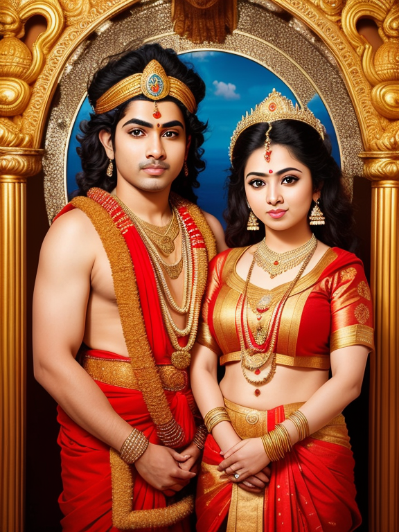 Lord murugan with his wife in temple, Centered, Photography, Fullbody, Portrait, Close up, Handsome, Beautiful, Realistic, an ultra high definition, sharply focusing on the intricate details of radiant facial skin of, healthy and smooth skin, true colored natural eyebrows, big and sparkling brown eyes, hair in a casual of hair framing lovely, photo taken without harsh shadows, showing fullbody, no sunny spot, use a leica summicron-m 28mm lens, professional cameraman