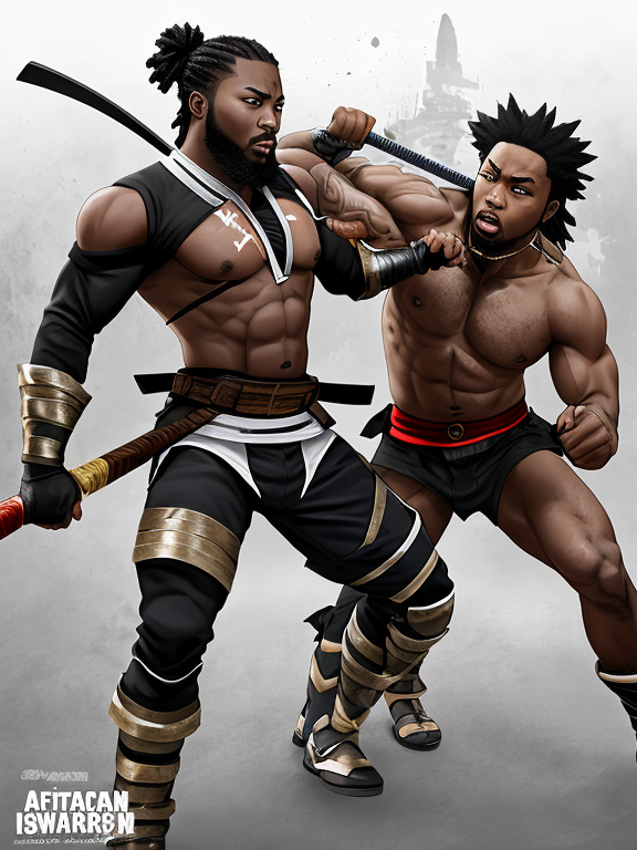 African American samurai sword fighting a clone, boondocks style, one dressed black one dressed white, african American anime, intense fight scene, fire background, thick full beard, muscular, faceoff (deformed, distorted, disfigured:1.3), poorly drawn, bad anatomy, wrong anatomy, extra limb, missing limb, floating limbs, (mutated hands and fingers:1.4), disconnected limbs, mutation, mutated, ugly, disgusting, blurry, amputation, watermark