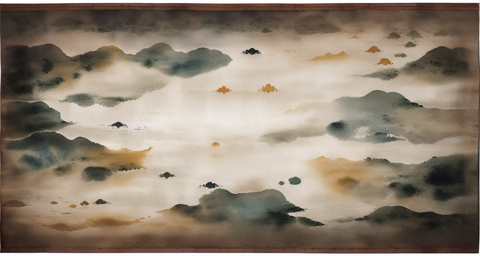 muted chinese ink painting scroll, muted colors, rice paper texture, Ancient alien celestial astronomical map planets scattered and faded watercolor paper, nonlinear, Morning light, perfect balance composition, highly detailed, ((highest quality)),  ink painting style