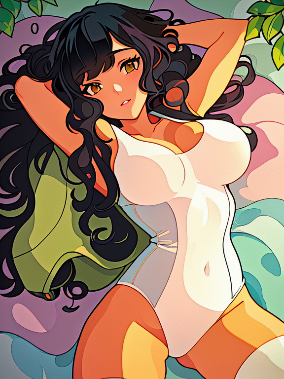 naked woman lying on her back in bed, exposed breast, black curly-silky hair, tan skin, wearing a backpack, style cartoon, colors, two-dimensional, planar vector, character design, T-shirt design, stickers, colorful splashes, and T-shirt design, Studio Ghibli style, soft tetrad color, vector art, fantasy art, watercolor effect, Alphonse Mucha, Adobe Illustrator, digital painting, low polygon, soft lighting, aerial view, isometric style, retro aesthetics, focusing on people, 8K resolution, octane render