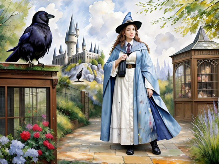 A female hogwarts professor standing in an outdoor classroom filled with magical creatures in various natural enclosures. 

The professor is a tall, dark skinned female with flowing light brown hair, vibrant pale blue eyes, light blue and silver robes embroidered. with magical creatures and a classic matching witches hat. Include a the raven on her shoulder., portrait by Willem Haenraets, watercolor, wet on wet and splattering techniques, centered, perfect composition, abstraction, Unfinished painting of greg rutkowski, in Paul Cézanne art, Waldorf painting method, Light colors, elegant photo, High quality, Spattering technique
