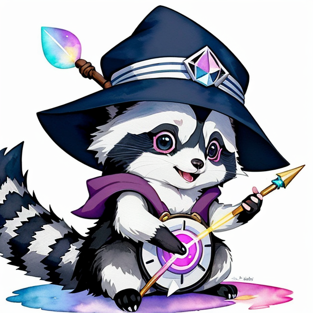 trash panda wizard casting spells, nice art, well hand-drawn art, colorful, Small body, Cute animal, Cute clothing, Full body, Cute Eyes, Cute expressions, Watercolor style, Storybook style, Character Design, Illustrator, Digital watercolor, White background, Cartoon style, Kawaii, white background, one single character, pokemon style