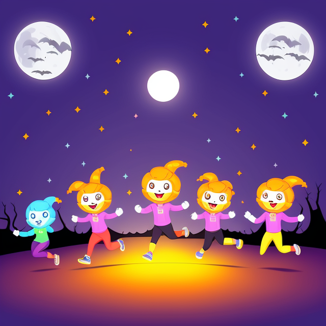 energetic candy corn characters jogging or doing jumping jacks in workout gear, set against a spooky moonlit backdrop., vector, vibrant color, incredibly high details, white background, plashing colors, Cartoon character, stickers designs