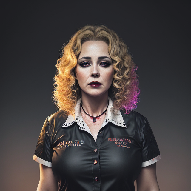 middle aged woman, collared shirt, curly blonde har, thoughtful, sharp features, dark makeup, fat, feeding, blood, gore, thrilling, scary, highly detailed, masterpiece, hdr, 8k wallpaper, hologram floating in space, a vibrant digital illustration, dribble, quantum wave tracing, black background, Behance hd, blood cover theme, Monster