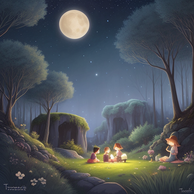 grassy plain with forest background and cave in foreground, dark night, Bedtime story, starry night with big moon, dreamy fantasy, matte palette, delicate details, by Tracie Grimwood, children book artistic illustration, 8K UHD --v 4, Pixar style, disney style