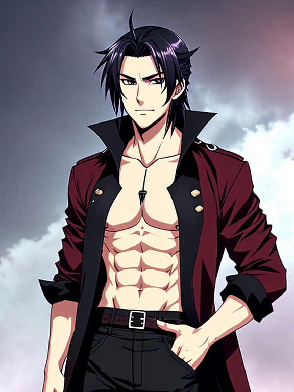 Male vampire, Anime style, ponytail, open shirt, trenchcoat, Tactical uniform, Royalty