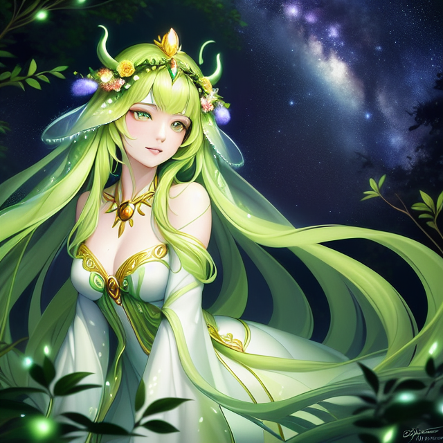 Artistic, Creativity, woman, green eyes and long green hair, long brown dress with green sleeves, The druid is depicted in an almost painterly manner, with bold brushstrokes and vivid colors, painterly style, bold brushstrokes, vivid colors, The swirling patterns of the druid's robe appear as if they are crafted from living vines, moving with an animated grace, swirling patterns, living vines, animated, Their eyes exude a mesmerizing glow, reflecting their connection to mystical energies, mesmerizing glow, mystical energies, A crown of intertwined branches and flowers adorns the druid's head, emphasizing their status as a nature guardian, crown of branches, flowers, nature guardian, evoking a sense of otherworldly wonder, starlit skies, otherworldly wonder, this artistic portrayal celebrates the druid's imaginative spirit and their ability to weave magic into reality., Photorealistic, Hyperrealistic, Hyperdetailed, analog style, detailed skin, matte skin, soft lighting, subsurface scattering, realistic, heavy shadow, masterpiece, best quality, ultra-realistic, 8k, Intricate) High Detail, film photography, sharp focus, detailed skin texture, elegant, showcases their creativity and magical prowess