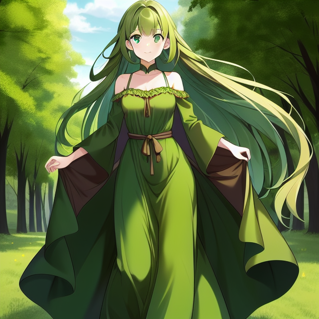 woman, green eyes and long green hair, long brown dress with green sleeves