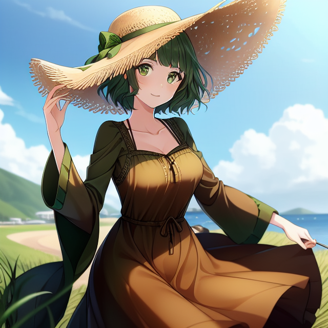 woman, green eyes and short green hair, long brown dress with green sleeves and a straw hat