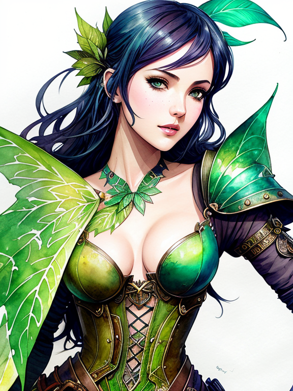 A drawing of a fairy knight, green skin, leaves, fruit, fantasy character, soul, digital illustration, comic book style, steampunk noir, perfect anatomy, centered, approaching perfection, dynamic, highly detailed, watercolor painting, artstation, concept art, soft, sharp focus, illustration, art by Carne Griffiths and Wadim Kashin, full background