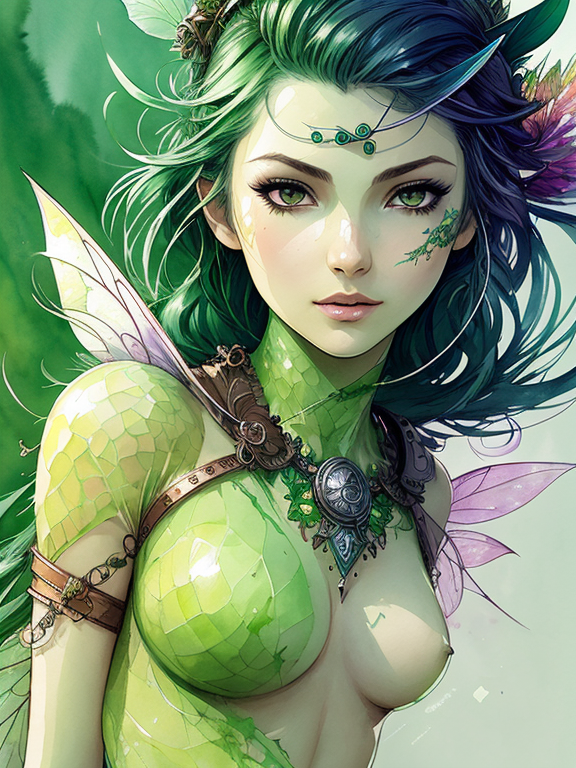A drawing of a fairy knight, green skin, leaves, fruit, fantasy character, soul, digital illustration, comic book style, steampunk noir, perfect anatomy, centered, approaching perfection, dynamic, highly detailed, watercolor painting, artstation, concept art, soft, sharp focus, illustration, art by Carne Griffiths and Wadim Kashin, full background