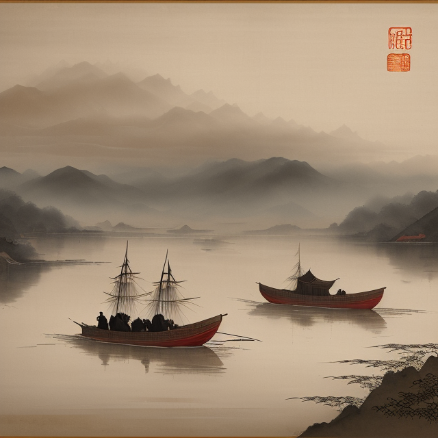 muted chinese ink painting scroll, muted colors, rice paper texture, splash paint, Napoleonic war fighting zombie hordes, boat, small red sun, Lakeside, Morning light, Clouds wet to wet techniques, perfect balance composition, highly detailed, ((highest quality)),  ink painting style, old chinese art style