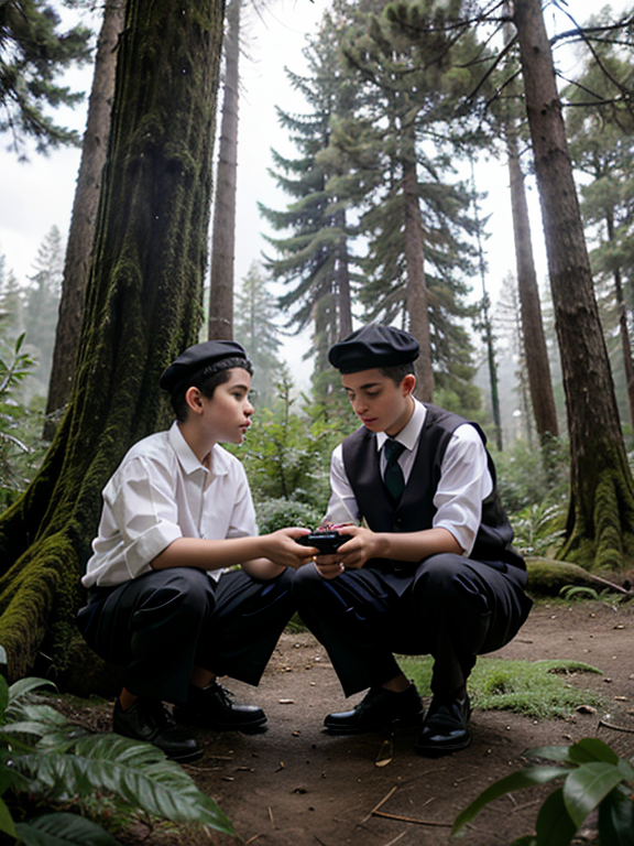Two orthodox Jewish boys playing games in an evergreen forest on a cloudy day