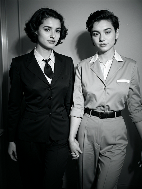 Jewish lesbian with short hair wearing a men’s suit and holding hands with a woman in the 1950s