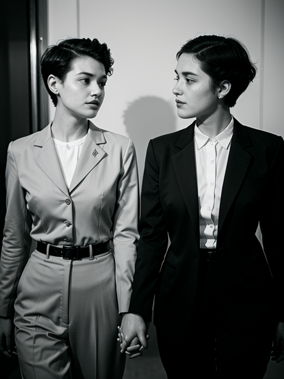 Jewish lesbian with short hair wearing a men’s suit and holding hands with a woman in the 1950s