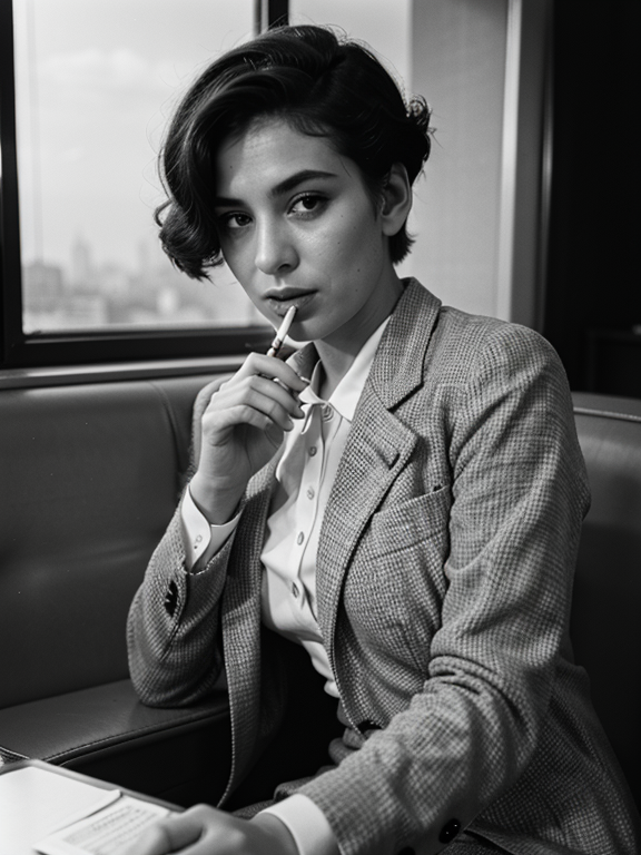 Jewish lesbian with short hair wearing a men’s suit and smoking a cigarette in the 1950s