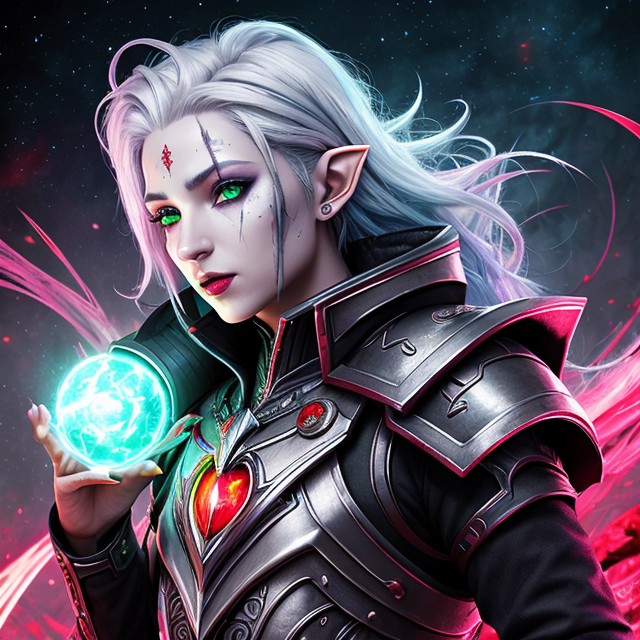 Concept art of a astral elf artificer who has tanish red skin, messy silver hair, piercing green eyes, and is 6ft tall, feeding, blood, gore, thrilling, scary, highly detailed, masterpiece, hdr, 8k wallpaper, hologram floating in space, a vibrant digital illustration, dribble, quantum wave tracing, black background, Behance hd, blood cover theme, Monster