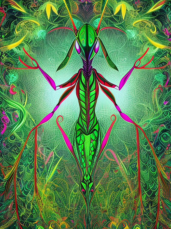 mantis, psychedelic, poorly drawn, bad anatomy, wrong anatomy, extra limb, missing limb, floating limbs, (mutated hands and fingers:1.4), disconnected limbs, mutation, mutated, ugly, disgusting, blurry, amputation, watermark