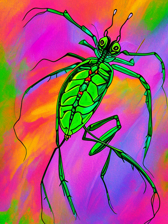 mantis, psychedelic, poorly drawn, bad anatomy, wrong anatomy, extra limb, missing limb, floating limbs, disconnected limbs, mutation, mutated, ugly, disgusting, blurry, amputation, watermark, dark vibrant colours