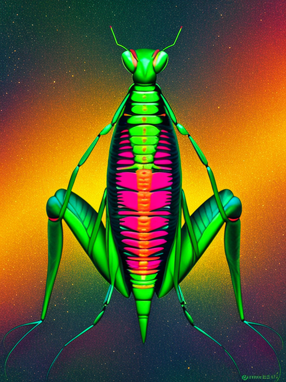 mantis, psychedelic, , bad anatomy, wrong anatomy, extra limb, missing limb, floating limbs, disconnected limbs, mutation, mutated, ugly, disgusting, blurry, amputation, watermark, dark vibrant colours