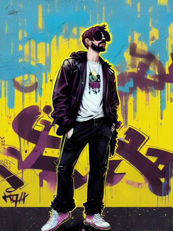 Skinny guy with a beard wearing large clothes and sunglasses, by greg rutkowski, by greg tocchini, by james gilleard, by joe fenton, by kaethe butcher, gradient yellow, black, brown and magenta color scheme, grunge aesthetic!!! graffiti tag wall background, highly detailed portrait