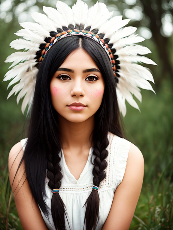  A beautiful,  American indian, Native, Woman  , American Indian clothe , American Indian  white feather headpiece , American indian hair style,  black hair , young , white skin , decent clothe , decent woman , light Hazel eyes ,  looking into  the camera , American indian brown tant background , facin the camera, Happy ,  Stone Ruins, Tall and Slender,  Procreate, Watercolor Technique, Poster Design, 300 DPI, Soft Lighting, Ethereal Art, Mysterious, Serene Expression, Enchanting Atmosphere, bokeh, photo, 8k, dark, dynamic action, pale washed out style, dreamy nostalgic, soft focus, dark vignetting, light leaks, medium photography, gloomy artistic painterly ethereal, whimsical, coarse grain photo , Realistic , Dynamic style, zoom out , sitting on rock , American indian makeup 