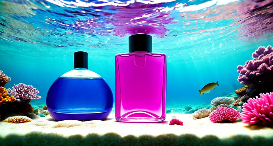 A big bottle Perfume focus, under the ocean, fish, perfume