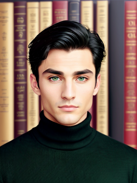 Handsome man, strong features, strong jawline, parted black hair, soft eyes, oil painting, black turtleneck, black pea coat, green eyes, library background