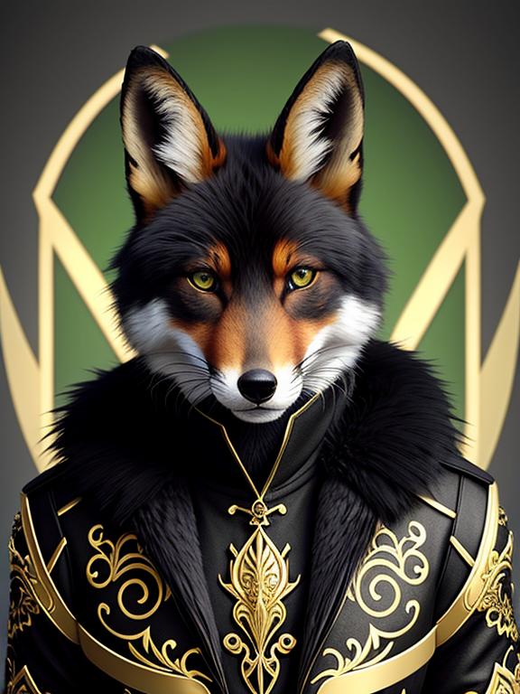 Fox dragon, black scales, gold fur, green eyes