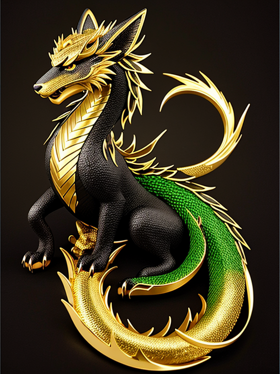 Fox chinese dragon, black scales, gold fur, green eyes