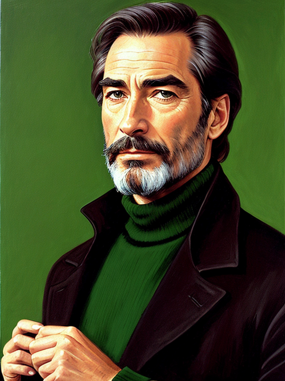 Timothy Dalton, black beard, oil painting, black turtleneck, black pea coat, green eyes, library background 