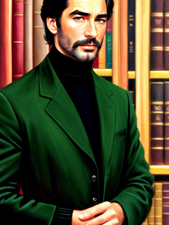 Young Timothy Dalton, black hair, full black beard, oil painting, black turtleneck, black pea coat, green eyes, library background 
