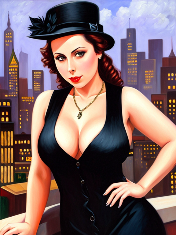 Gianna michaels, oil painting, 1920s gangster, city background 