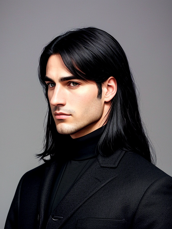 Jason issacs, strong jaw, square jaw, no facial hair, clean shaven, long black hair, acrylic painting, black turtleneck, black pea coat, museum background
