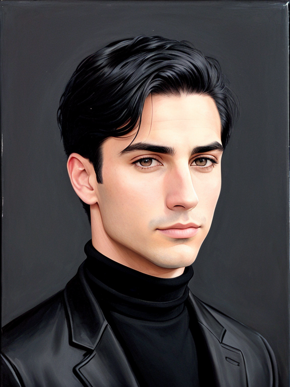 Jason issacs, strong jaw, square jaw, no facial hair, clean shaven, black hair, acrylic painting, black turtleneck, black pea coat, museum background