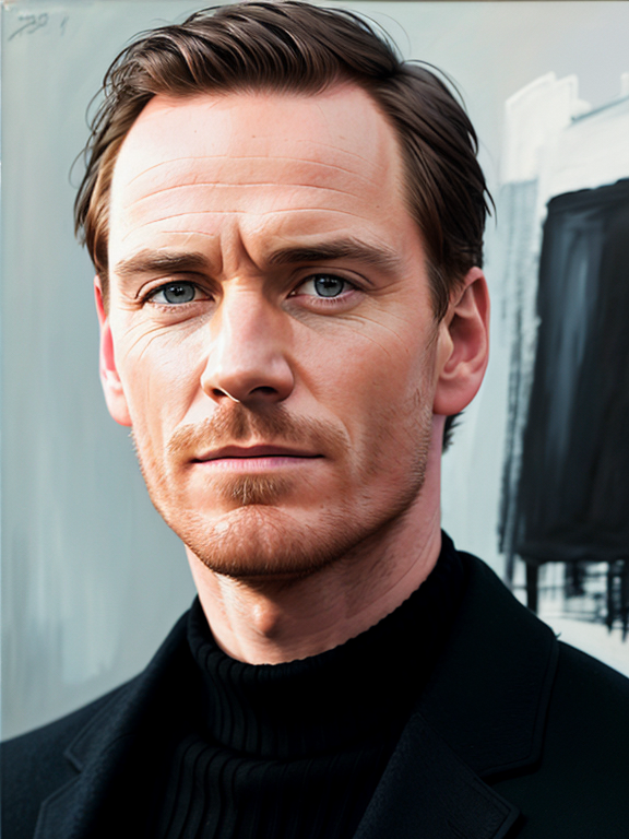 Michael Fassbender, strong jaw, square jaw, no facial hair, clean shaven, black hair, acrylic painting, black turtleneck, black pea coat, museum background