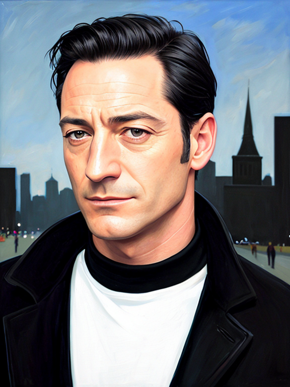 Jason Isaacs, strong jaw, square jaw, no facial hair, clean shaven, black hair, acrylic painting, black turtleneck, black pea coat, museum background